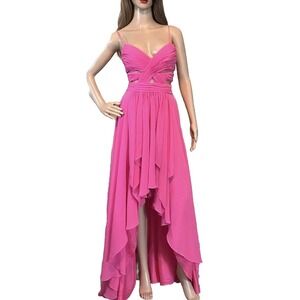 Vintage CACHE Rare Prom Y2K PINK Pleaded Corset Hi-Low Ruffles Gown Padded Bra 4